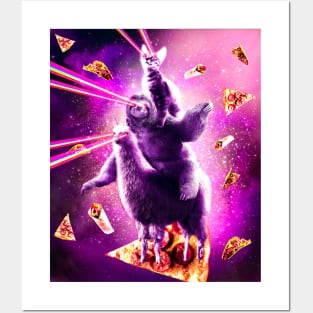Laser Eyes Space Cat Riding Sloth, Llama - Rainbow Posters and Art